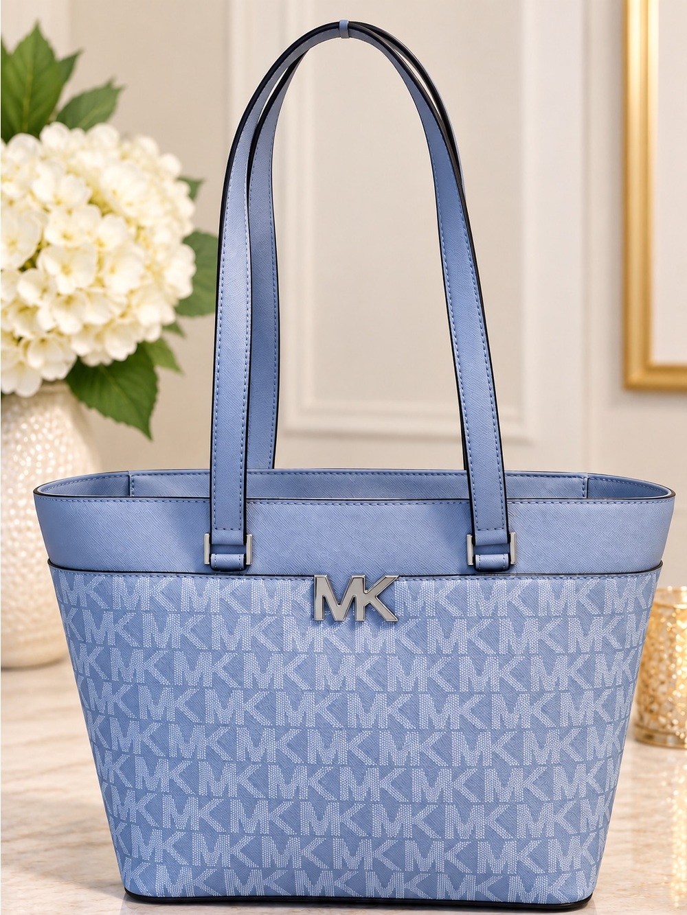 NWT Michael Kors MK Signature Logo Blue Tote Shoulder Bag